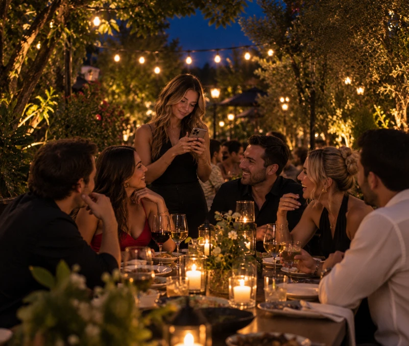 Six friends around a candlelit table on a terrace while a Sidekick lowers her phone, having just taken the picture.