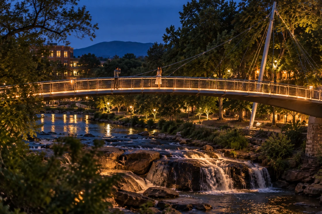 Two people on the Liberty Bridge above the Reedy River falls at dusk, one photographing the other.