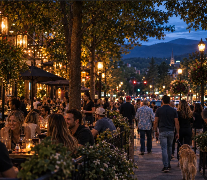 Main Street in Greenville at blue hour, restaurant patios and string lights under the tree canopy with the Blue Ridge foothills beyond.