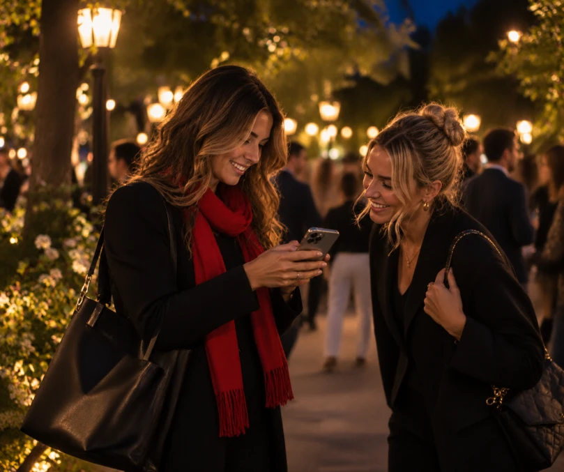 A Sidekick meeting a customer on a lamplit path, showing her something on the phone screen.