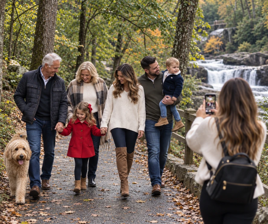 Three generations of a family walking a wooded trail with a dog while a creator photographs them.