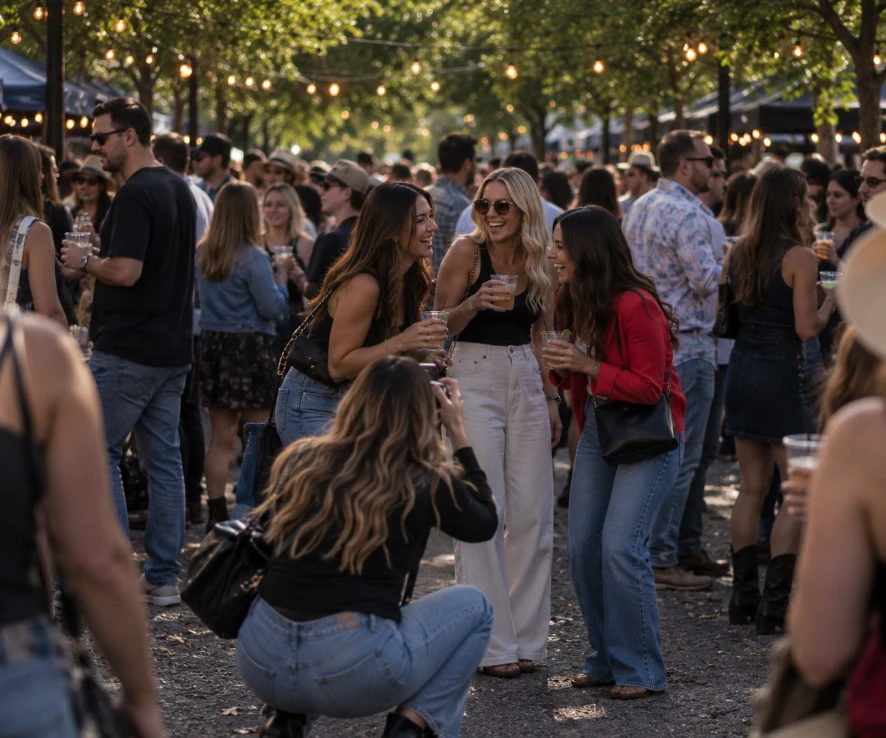 A crowded downtown street festival where a creator crouches to photograph a group of friends holding drinks.