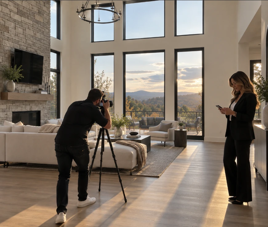 A photographer shooting a bright empty living room from a tripod while an agent checks her phone nearby.