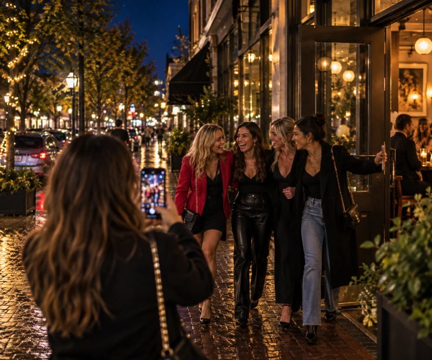 Four friends walking together along a lamplit downtown sidewalk at night while a creator photographs them on a phone.