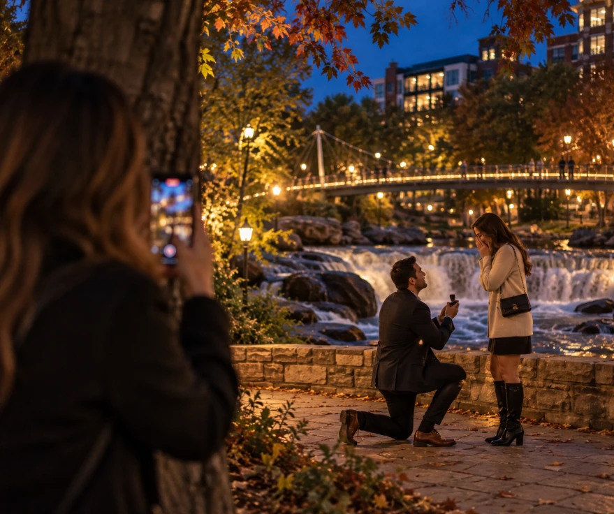 A man proposing beside the Reedy River falls in autumn while a creator photographs from behind a tree.