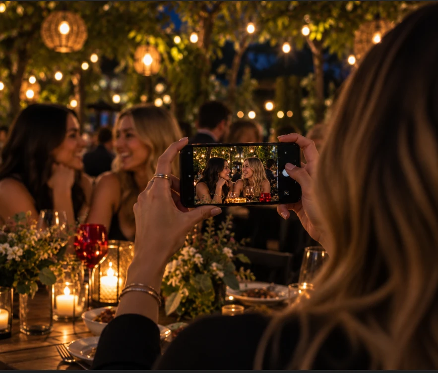 Hands holding a phone horizontally, the screen showing two friends laughing at a candlelit table.