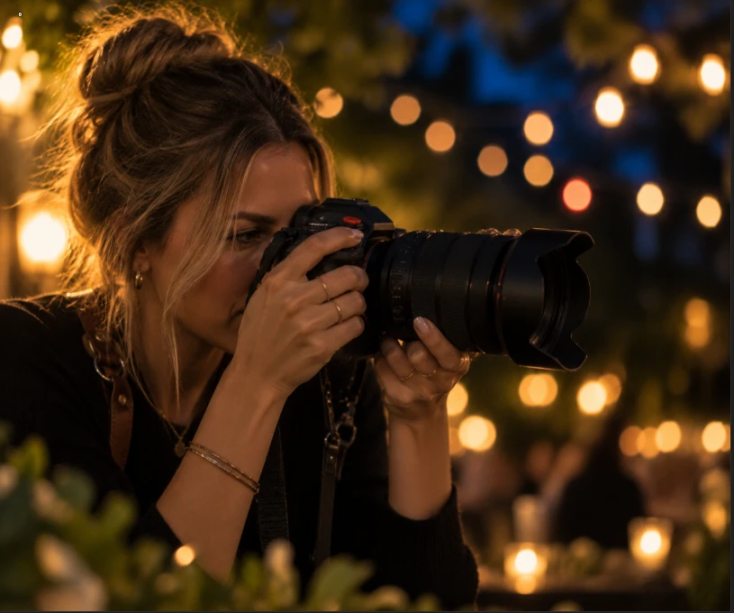 A photographer with her eye to the viewfinder of a professional camera, warm lights blurred behind her.